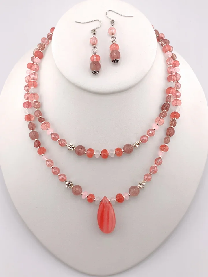 Cherry and Strawberry Quartz Two-Strand Beaded Pendant Necklace Set product image (1)