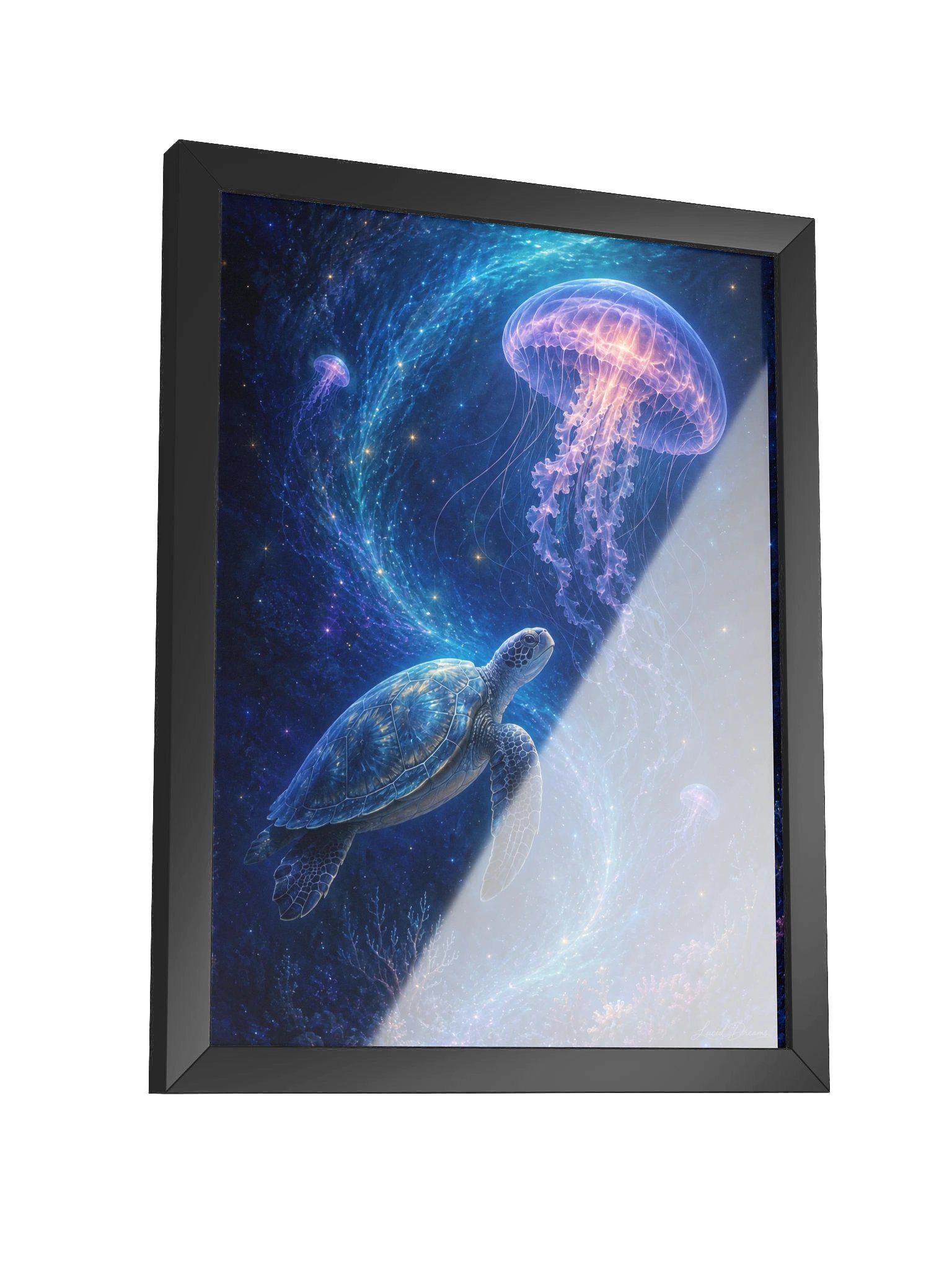 Sea Turtle & Jellyfish Framed Art Print — The Current That Remembered Her product image (7)