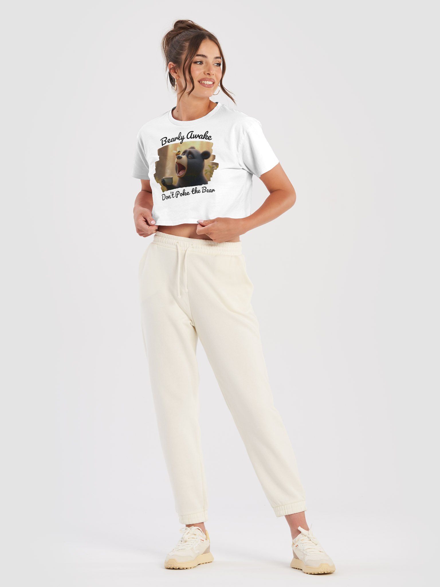 Bearly Awake, Don't Poke the Bear - Yawning Bear with coffee Crop Top 🐻☕ product image (23)