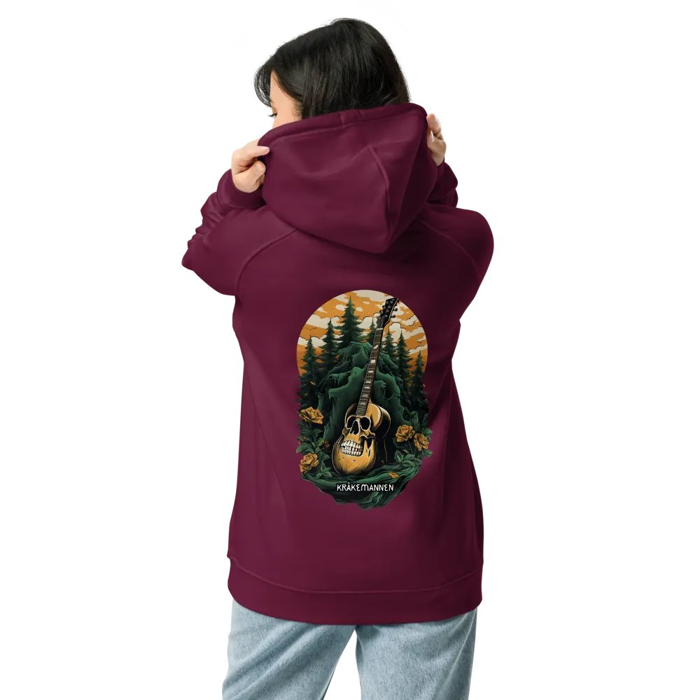 Unisex Eco Raglan Hoodie 🌲 Dark green spruce forest with a skull-shaped guitar product image (10)
