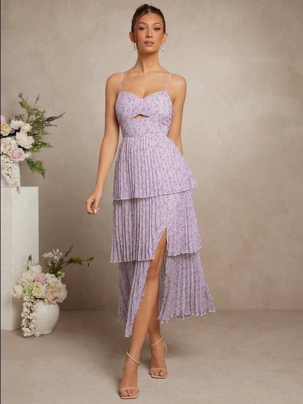 ADLEST Women's Elegant Ditsy Floral Pleated Slit Dress, Summer product image (1)