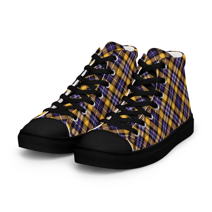 Purple and Yellow Gold Sporty Plaid Men's High Top Shoes product image (2)