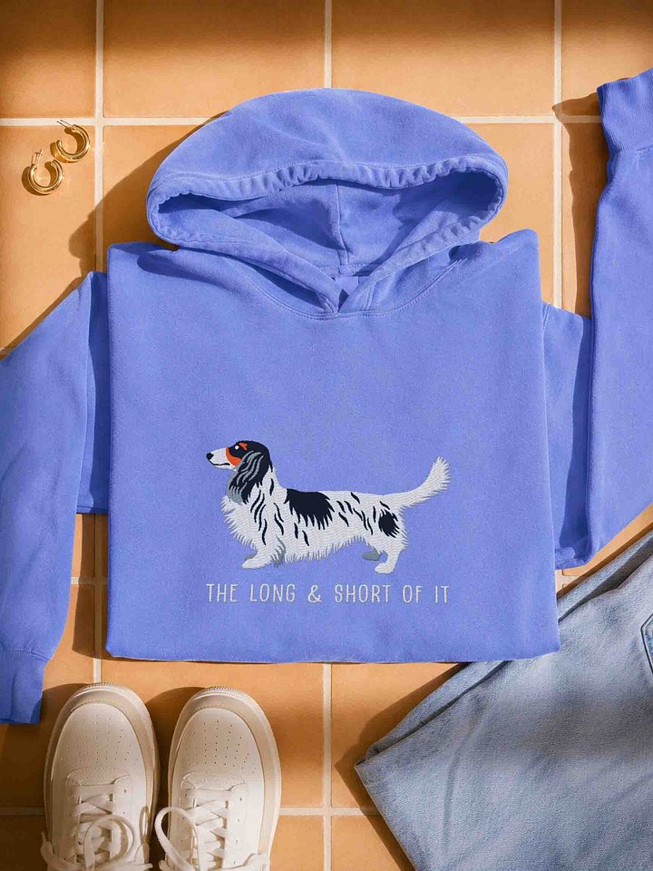 The Long & Short of It Premium Hoodie (Embroidered) of a Longhaired Dachshund(Pied Black & White) product image (1)