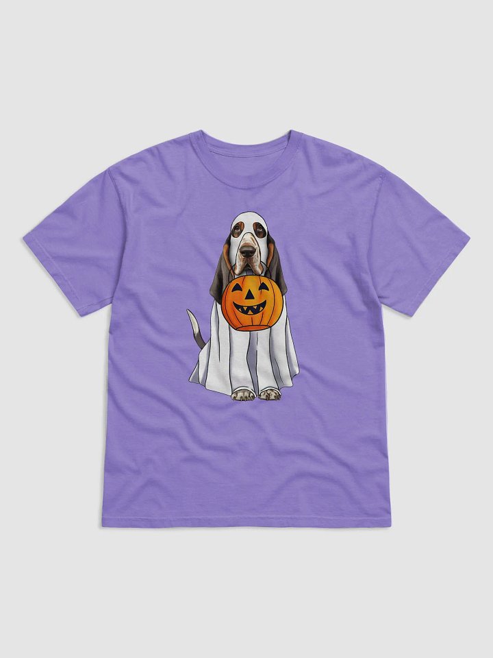 Basset Hound(Tricolor) Halloween Tee | Funny Halloween Basset Hound Wearing Ghost Costume with Pumpkin Basket product image (1)