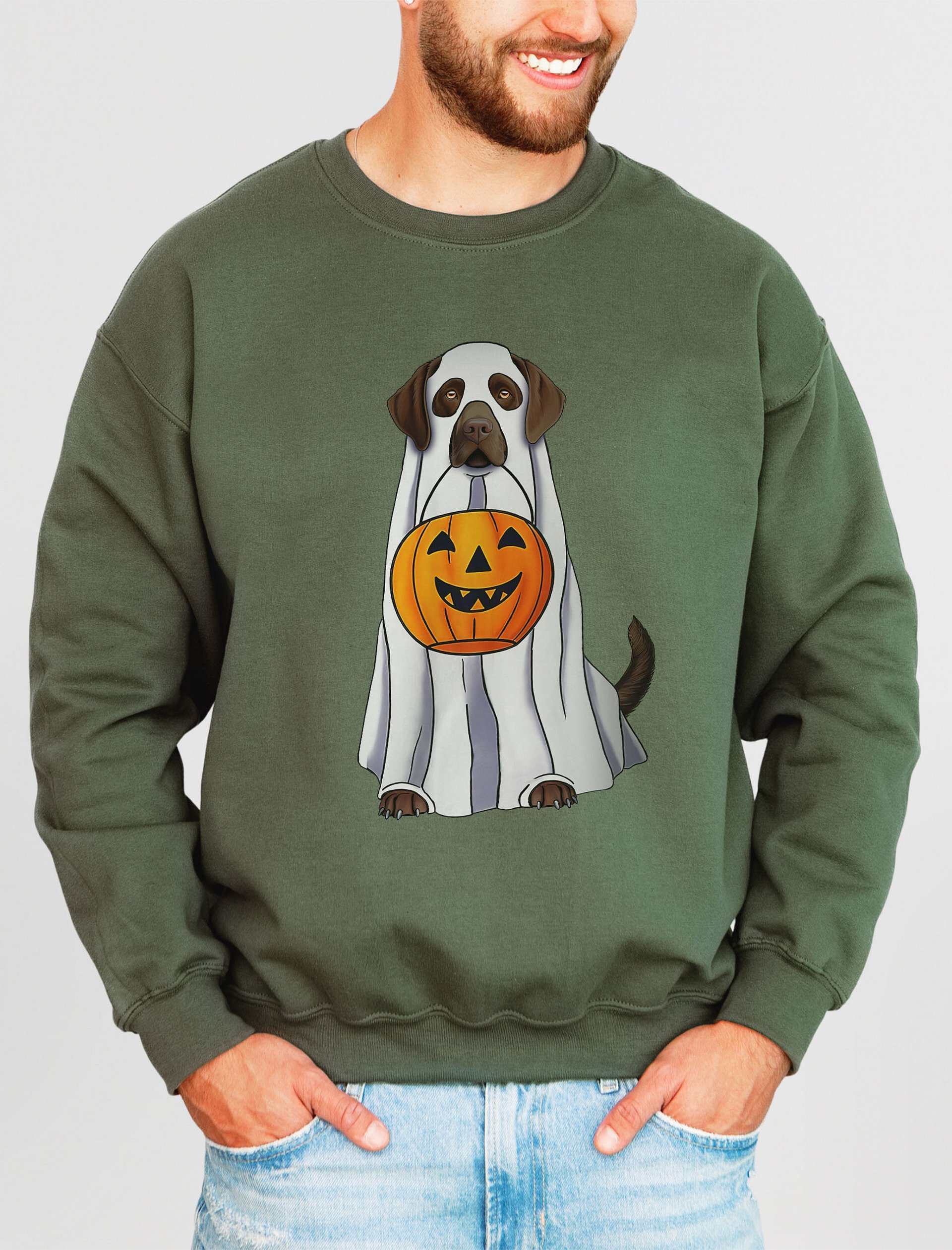 Labrador(Chocolate) Halloween Sweatshirt | Funny Fall & Halloween Labrador Wearing a Ghost Costume with a Pumpkin Basket product image (2)