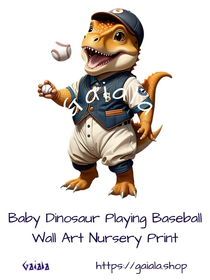 Baby Dinosaur playing baseball Kid Nursery Print Wall Art product image (1)