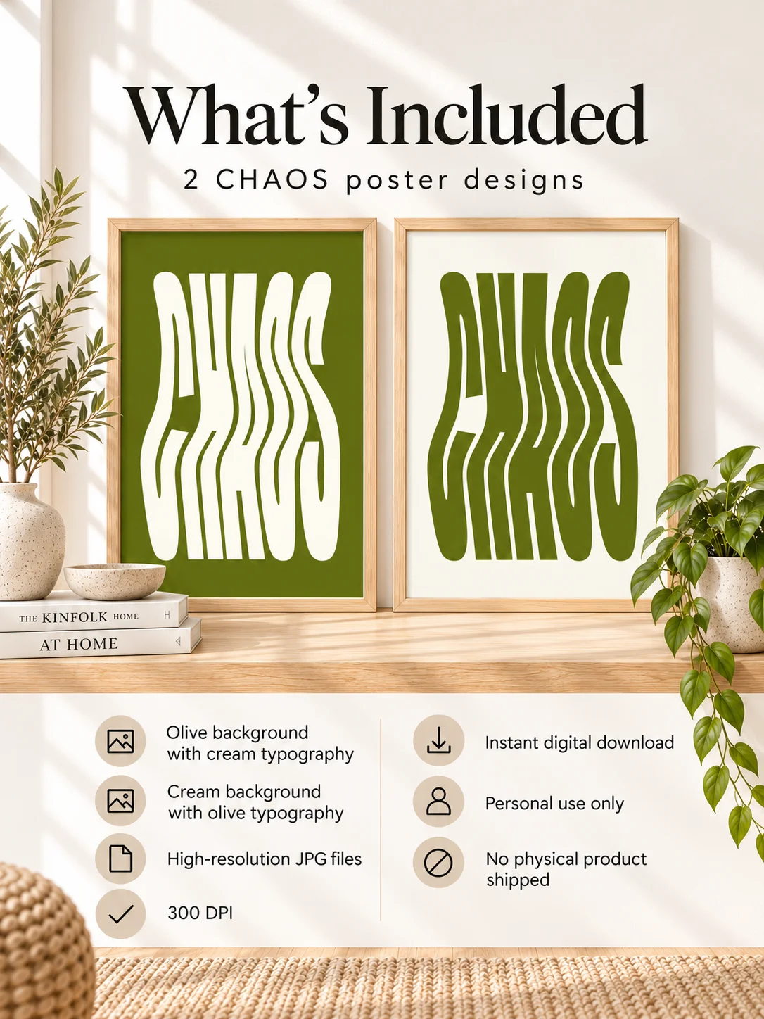 CHAOS Wavy Typography Poster, Green Cream Retro Printable Wall Art, Psychedelic Groovy Digital Download, Bold Minimalist Decor product image (2)