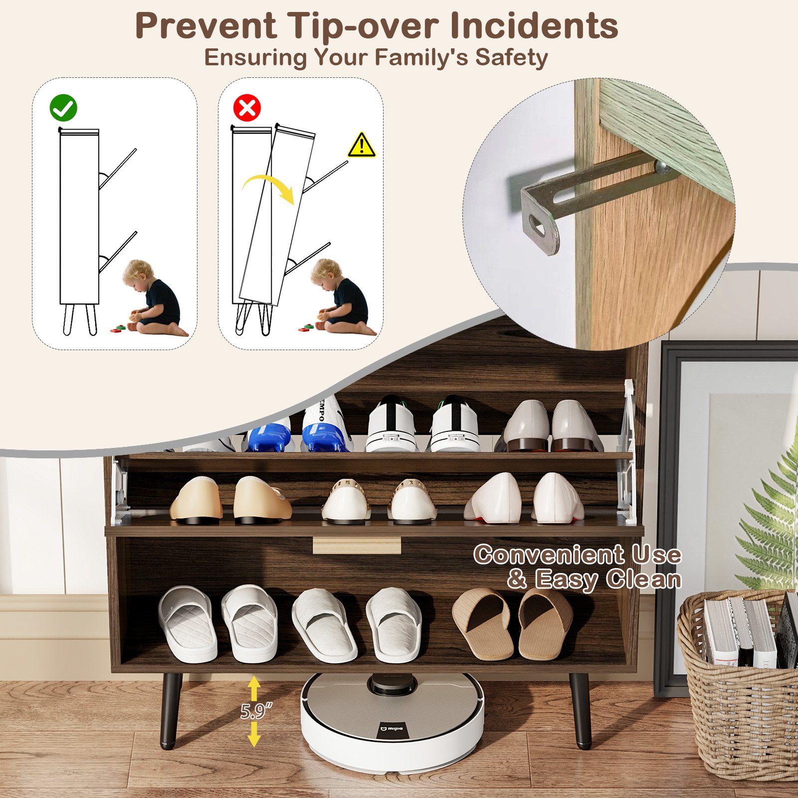 Shoe Cabinet with Natural Rattan Flip Drawers for Entryway Free Standing Slim Shoe Storage Organizer with 2 Flip Drawers Walnut product image (2)