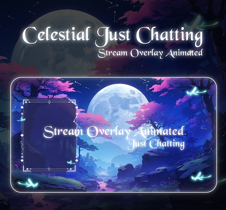 Sky Night Just Chatting Pack, Light & Dark Twitch Overlay, Blue Pink Glowing Forest Aesthetic, Animated Scenes Vtuber, Just Chatting Overlay product image (2)