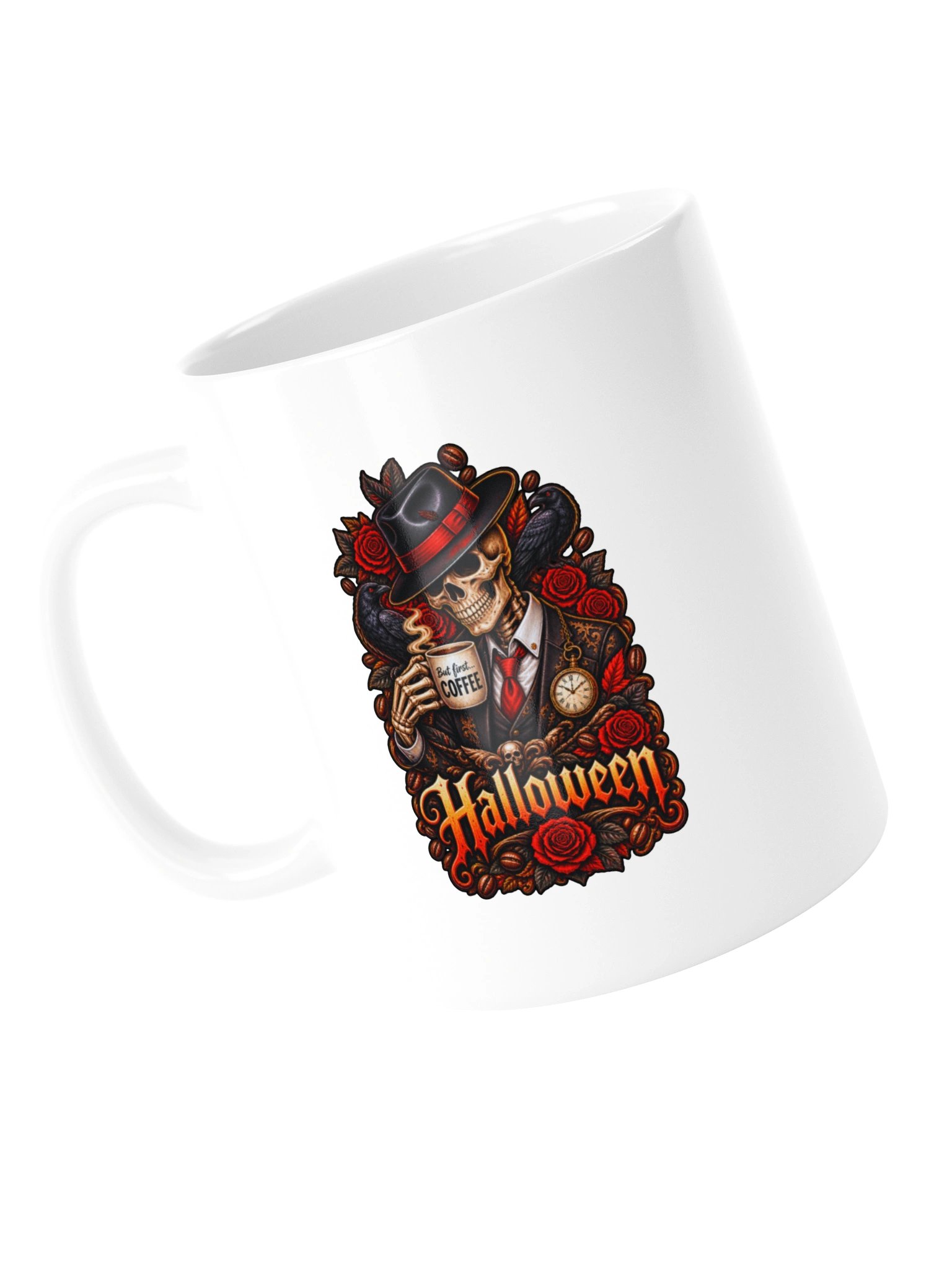 But First Coffee Halloween Mug – Gothic Skeleton & Raven Coffee Cup product image (13)