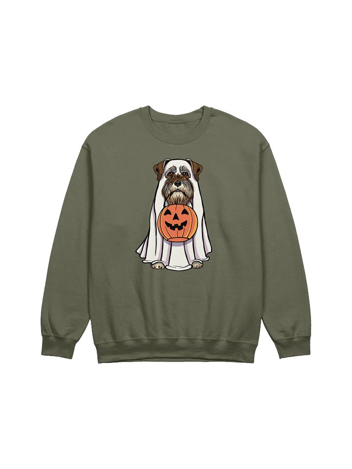 Funny Halloween Schnauzer(Liver) Sweatshirt | Funny Schnauzer Wearing a Ghost Costume and Holding a Pumpkin Basket product image (1)