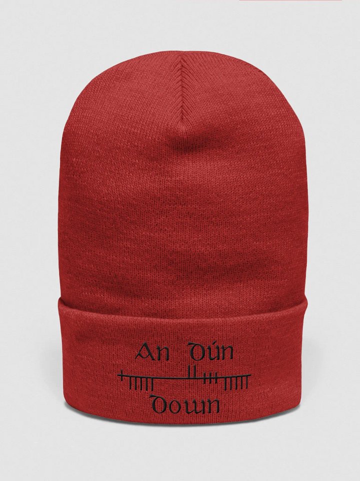 Down/An Dún, red with black, Orthodox style Ogham embroidered cuffed Beanie product image (1)