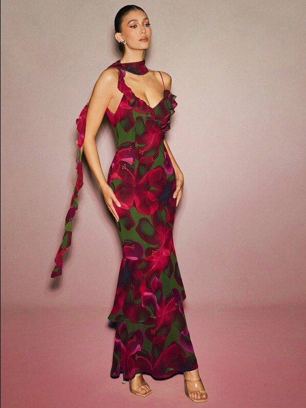 Summer Women Outfit, Women Clothes, Resort Elegant Red Floral Print Chiffon Ruffled Mermaid Off Shoulder Maxi Dress With Scarf, Women Dresses, Party Women Dresses product image (3)