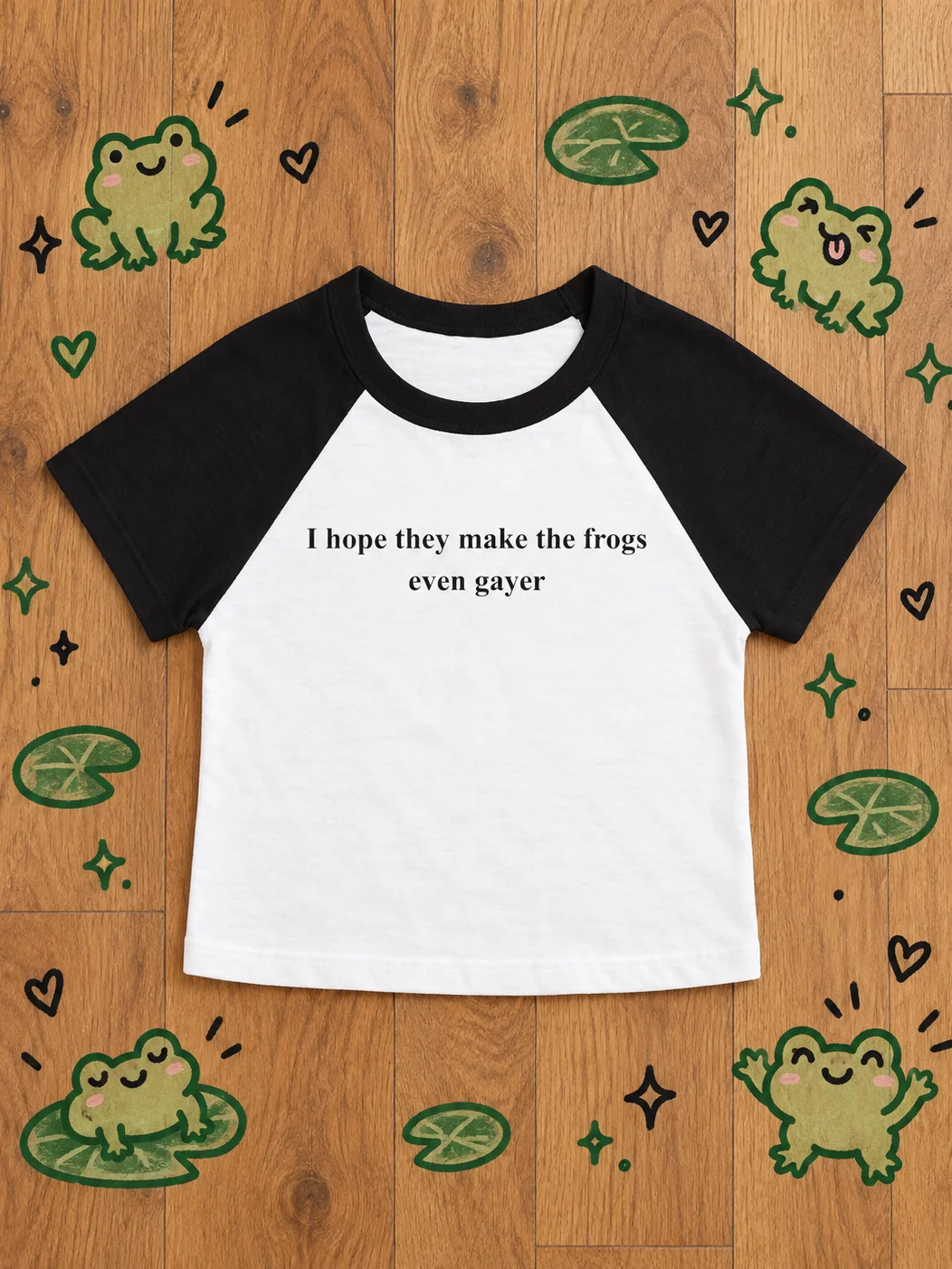Gayer Frogs Ringer Tee | Satirical Queer Graphic Baby Tee product image (1)