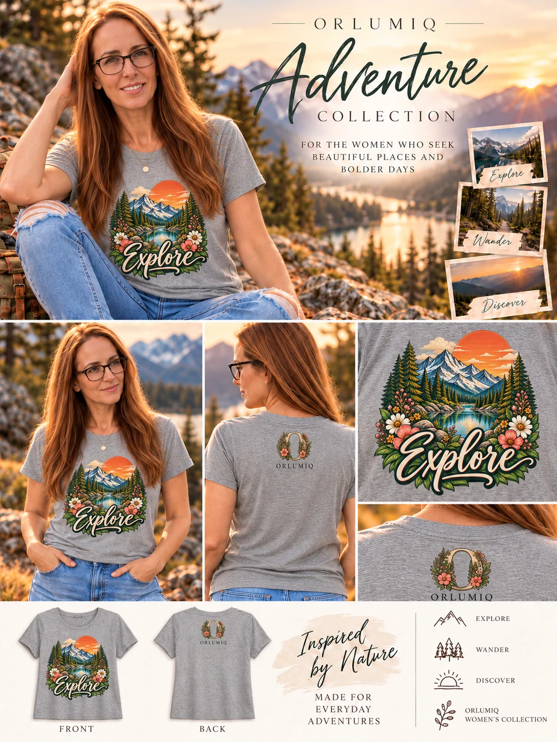 ORLUMIQ Explore Adventure T-Shirt | Women's Mountain & Wildflower Graphic Tee – Athletic Heather product image (1)