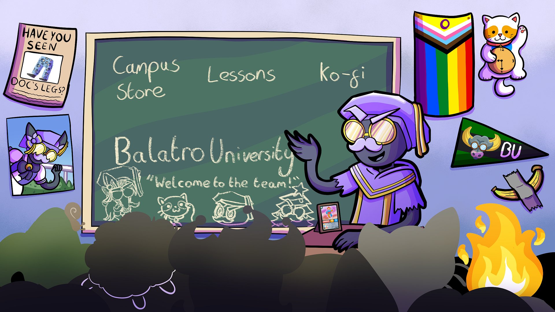Balatro University classroom chalkboard with handwritten links for Campus Store, Lessons, and Ko-fi