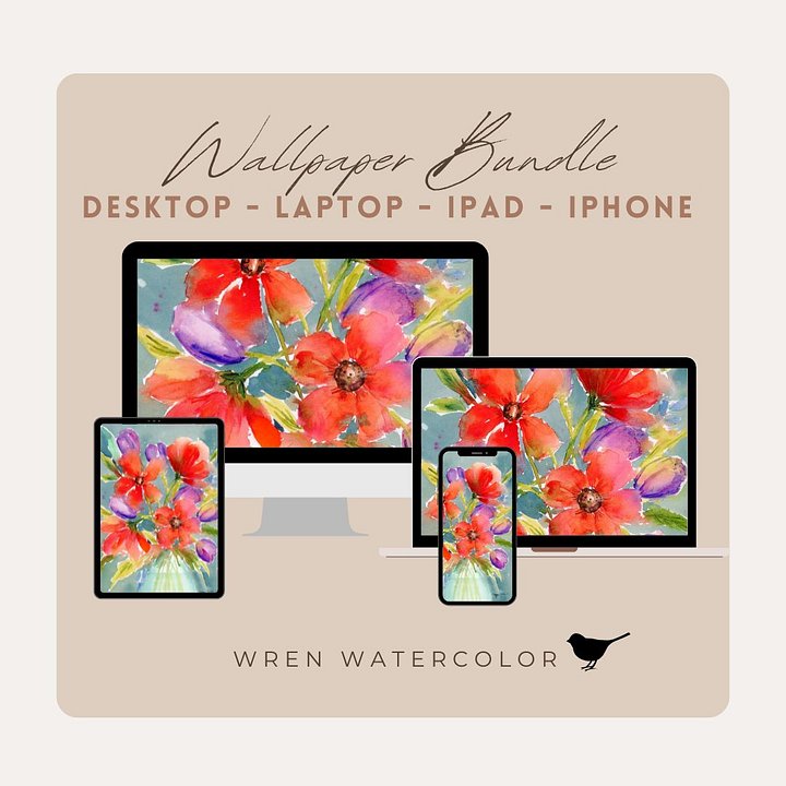 Red Blooms Watercolor Digital Wallpaper Bundle product image (1)