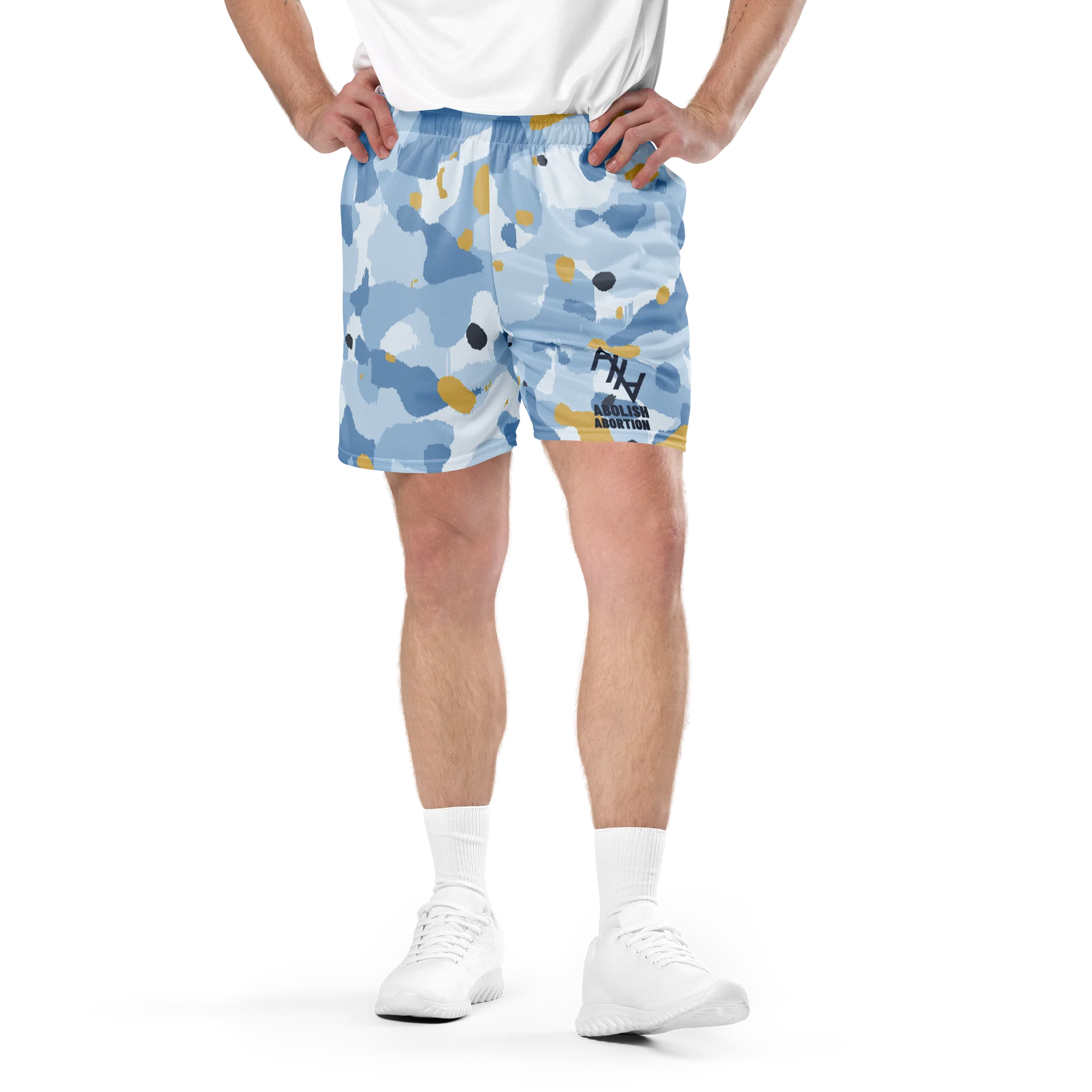 Blue & Gold Camo Running Shorts — Abolish Abortion product image (1)