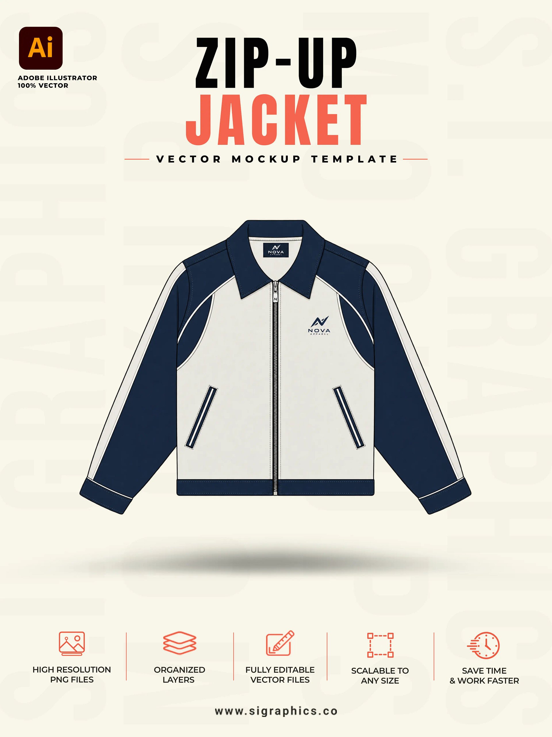 Zip-Up Jacket Vector Mockup Template – Front & Back Flats product image (1)