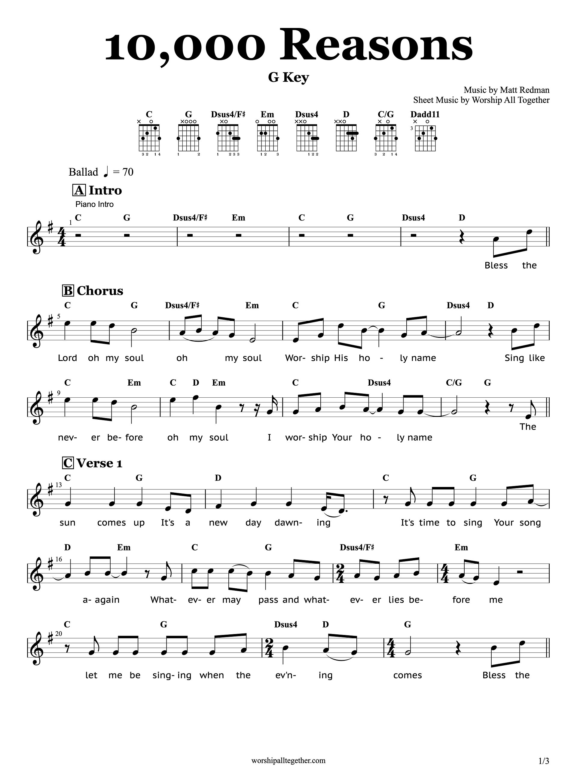 10,000 Reasons - Matt Redman | Sheet Music, Chord, Lyrics product image (1)