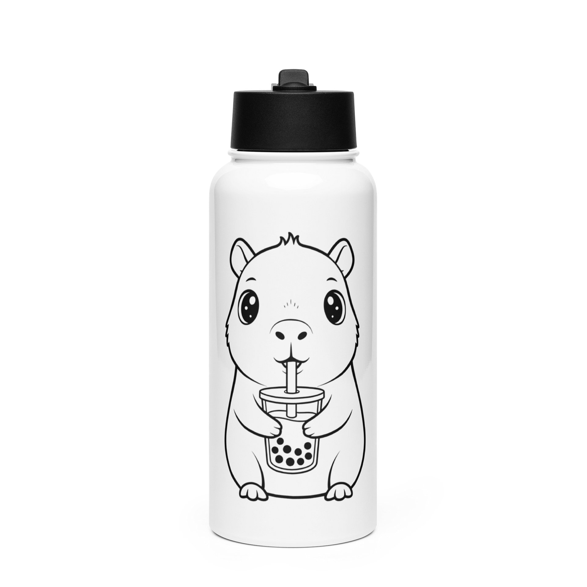 Cute Capybara Bubble Tea Design Insulated Water Bottle 32oz Gift for Kawaii Style Animal Lovers Line Art Illustration product image (2)