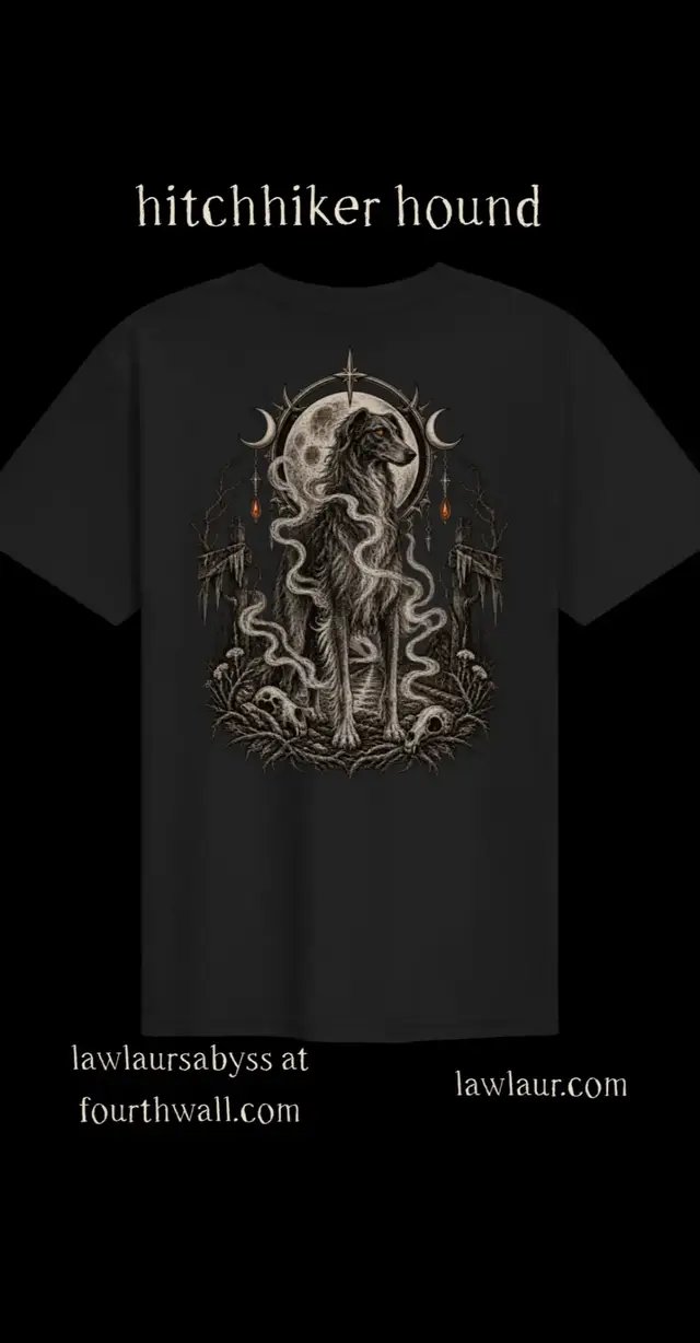 the hitchhiker hound. a strange little roadside guardian for people who know better than to stop after dark. #hitchhikerhound #gothshirt #darkfashion #creepyart #lawlaursabyss