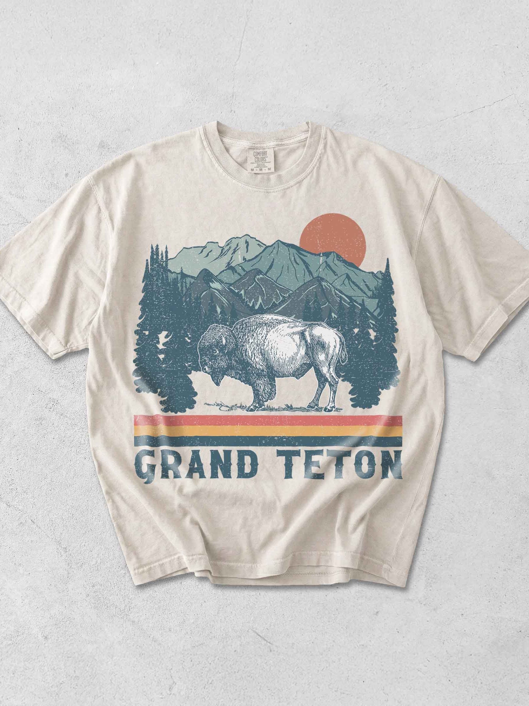 Grand Teton National Park Shirt – Vintage Bison Mountain Retro Sunset Wyoming Tee product image (1)