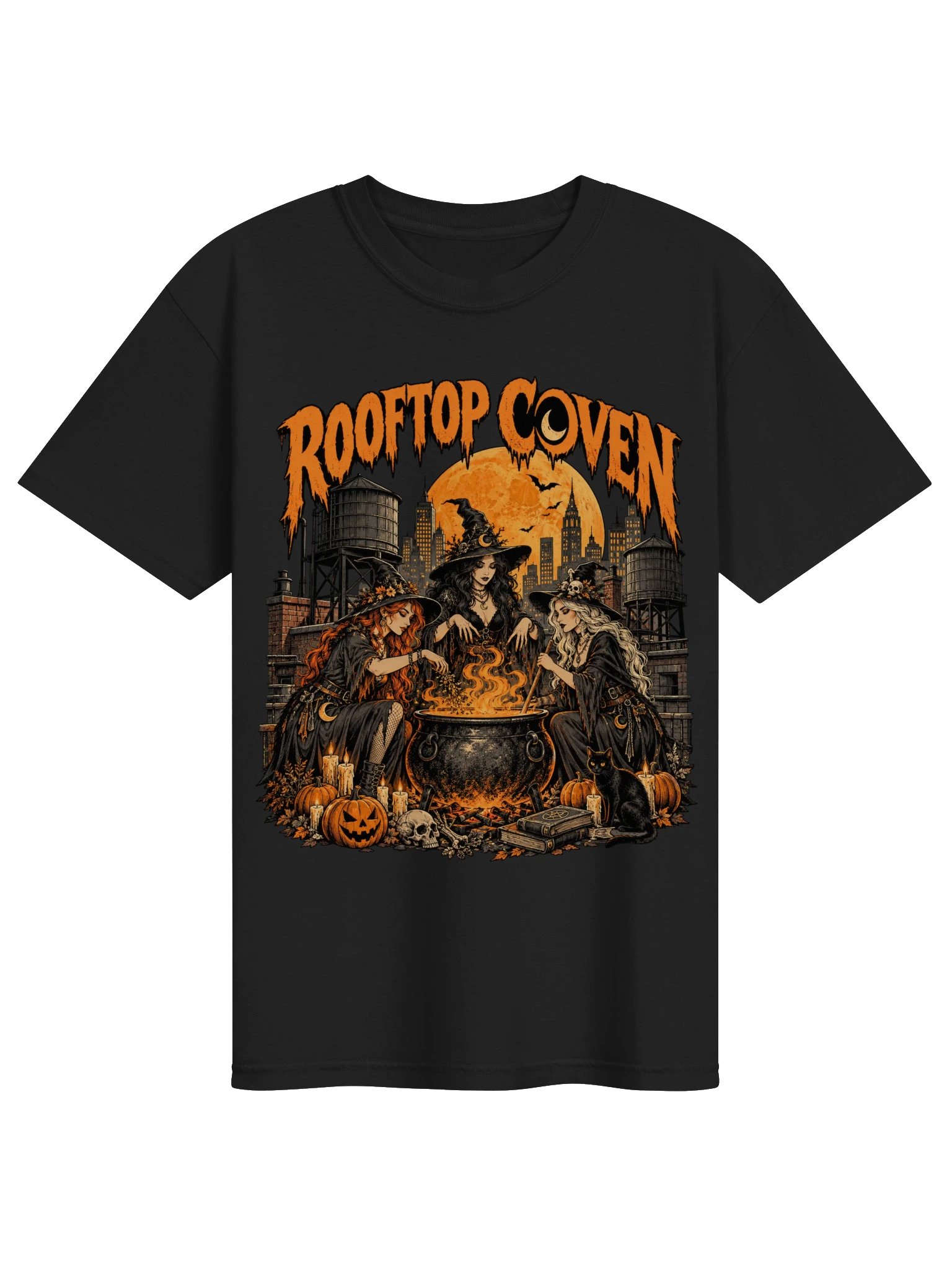 Rooftop Coven — Halloween Witches & Cauldron T-Shirt product image (1)