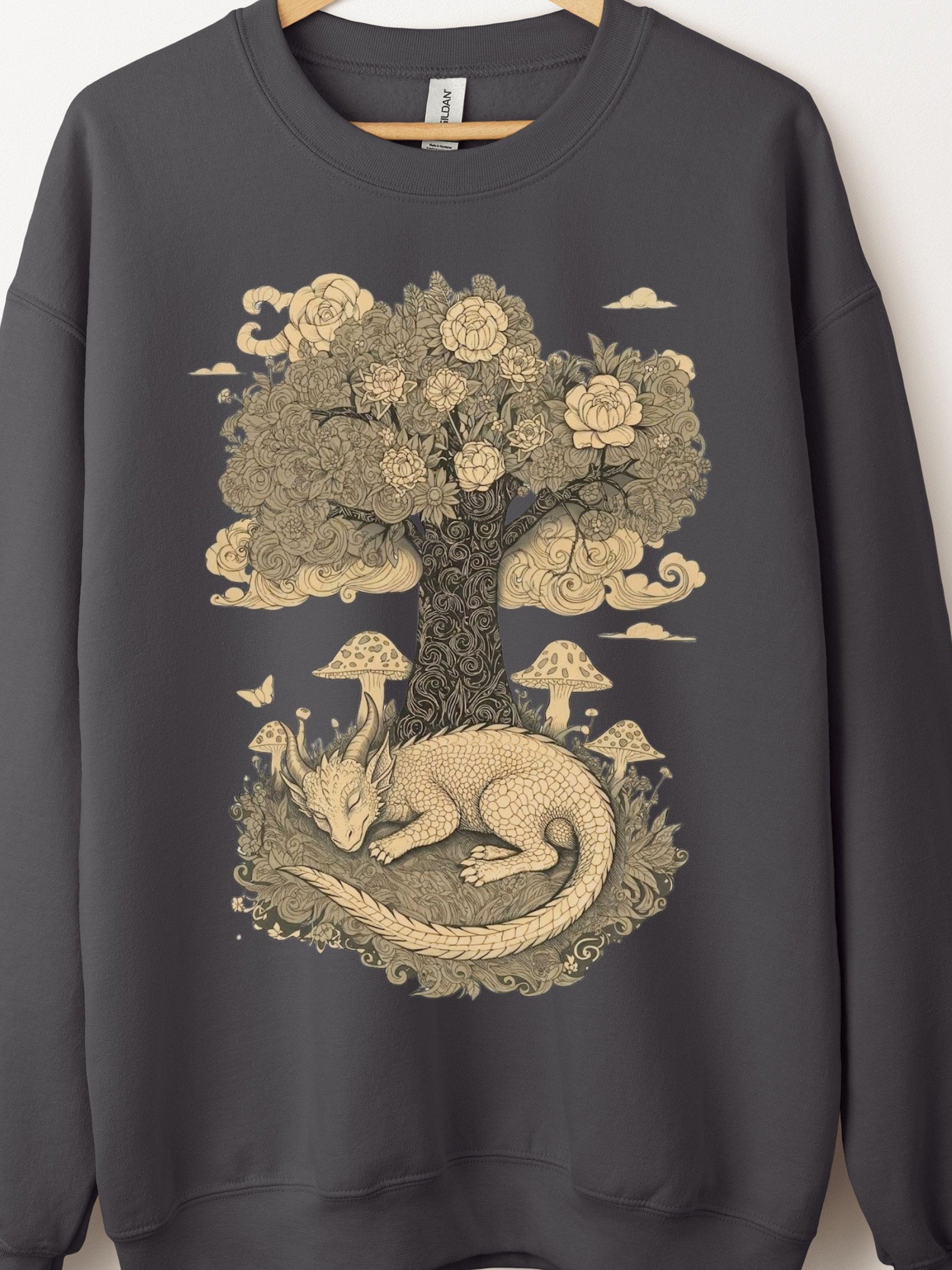 Dreaming Dragon Floral Tree Crewneck, Woodland Fantasy Sweatshirt product image (1)