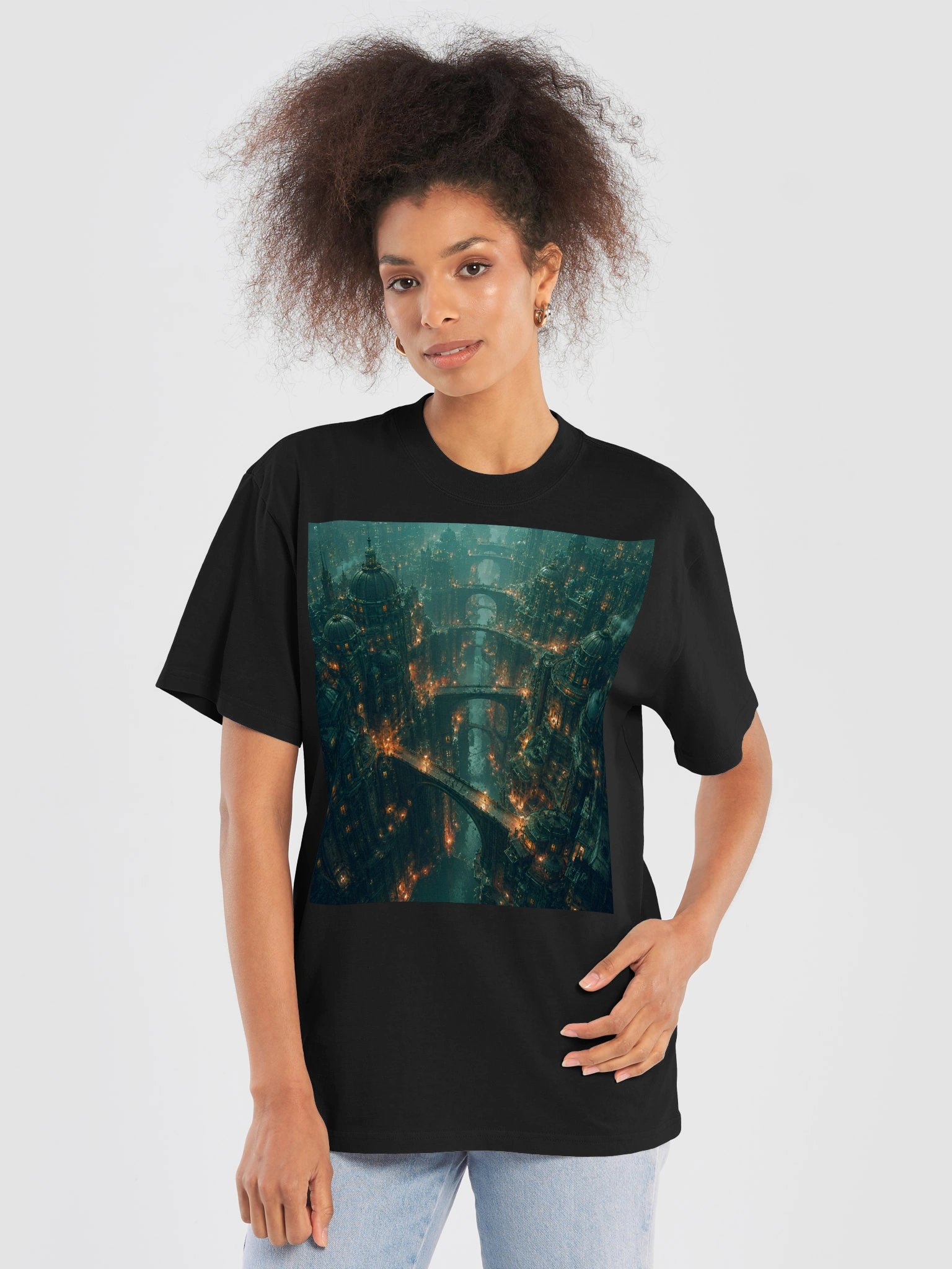 Dark Futuristic City T-Shirt | Gothic Sci-Fi Architecture Oversized Black Tee product image (6)