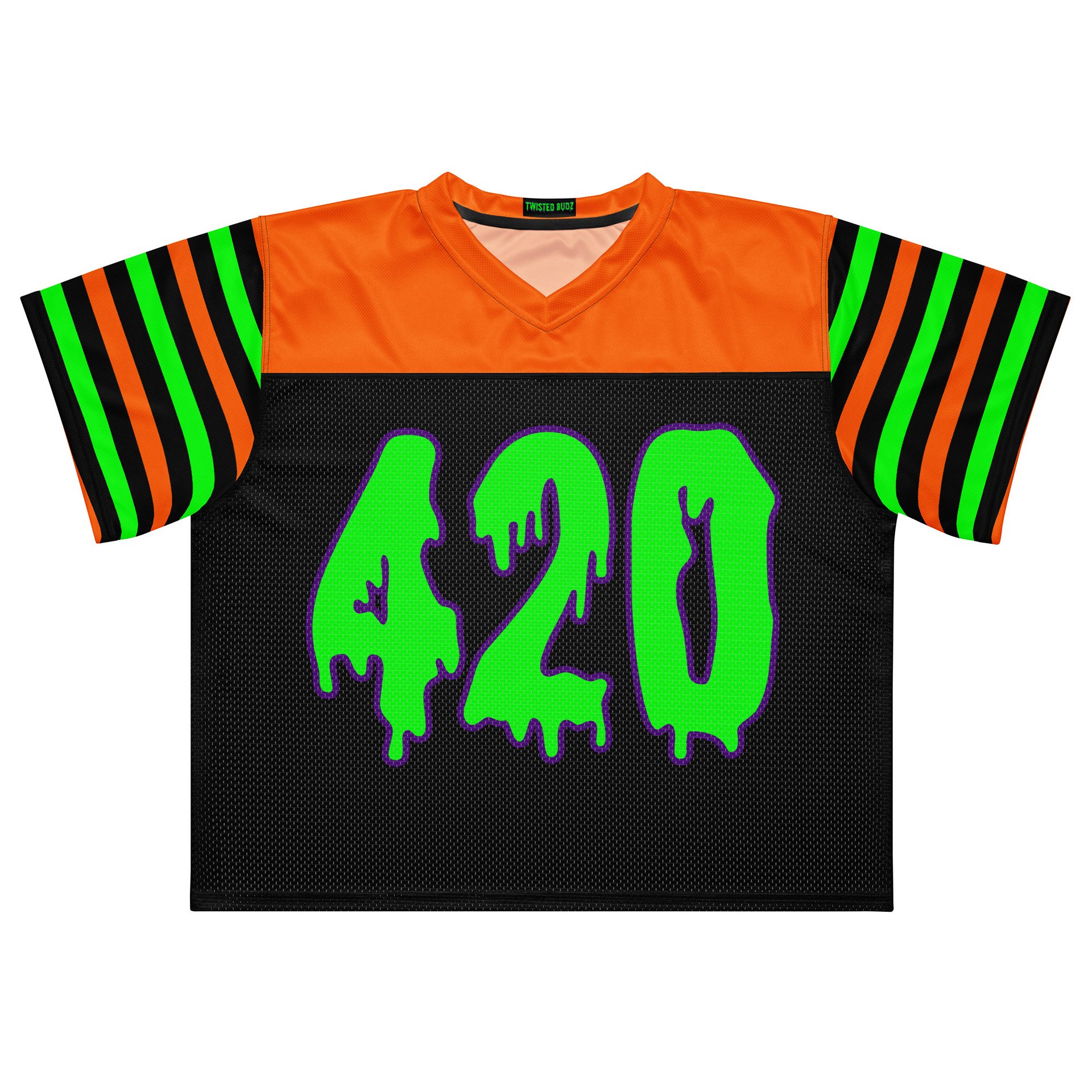 Halloween Weed Rave Jersey, Boxy 420 Football Shirt, Stoner EDM Wear, Music Festival Cannabis Clothes, Black Orange Neon Green Techno Top product image (5)
