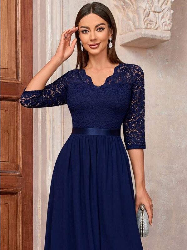 MIUSOL V Neck Floral Lace Bodice Chiffon Prom Party Swing Dress Elegant Semi Formal Wedding Guest Dress, For Birthday, Graduation, Homecoming, For Valentine's Day Spring product image (6)