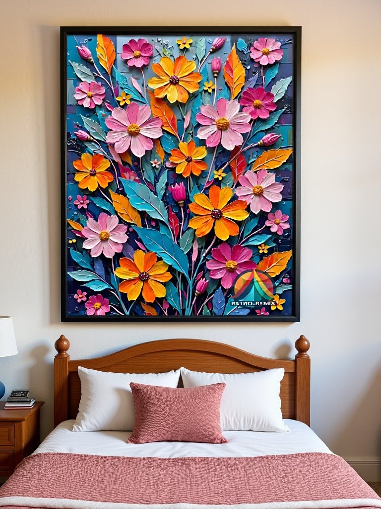 Electric Garden – Bold Retro Floral Wall Art with Neon Botanical and Textured Petals product image (4)