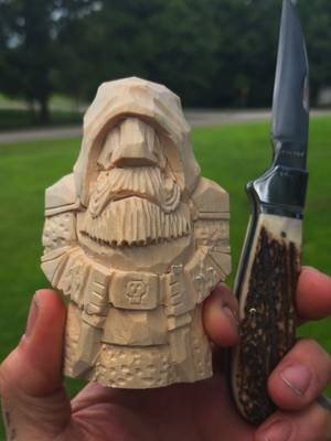 Another Basswood Dwarf. 4 inches tall, 2inch by 2inch.  Carving up a batch of them this evening so I have examples at the Woodcarbing class i'll be teaching for anyone that wants to carve a Dwarf!  #woodcarver #woodcarving #whittling #fantasyartist #dndart 