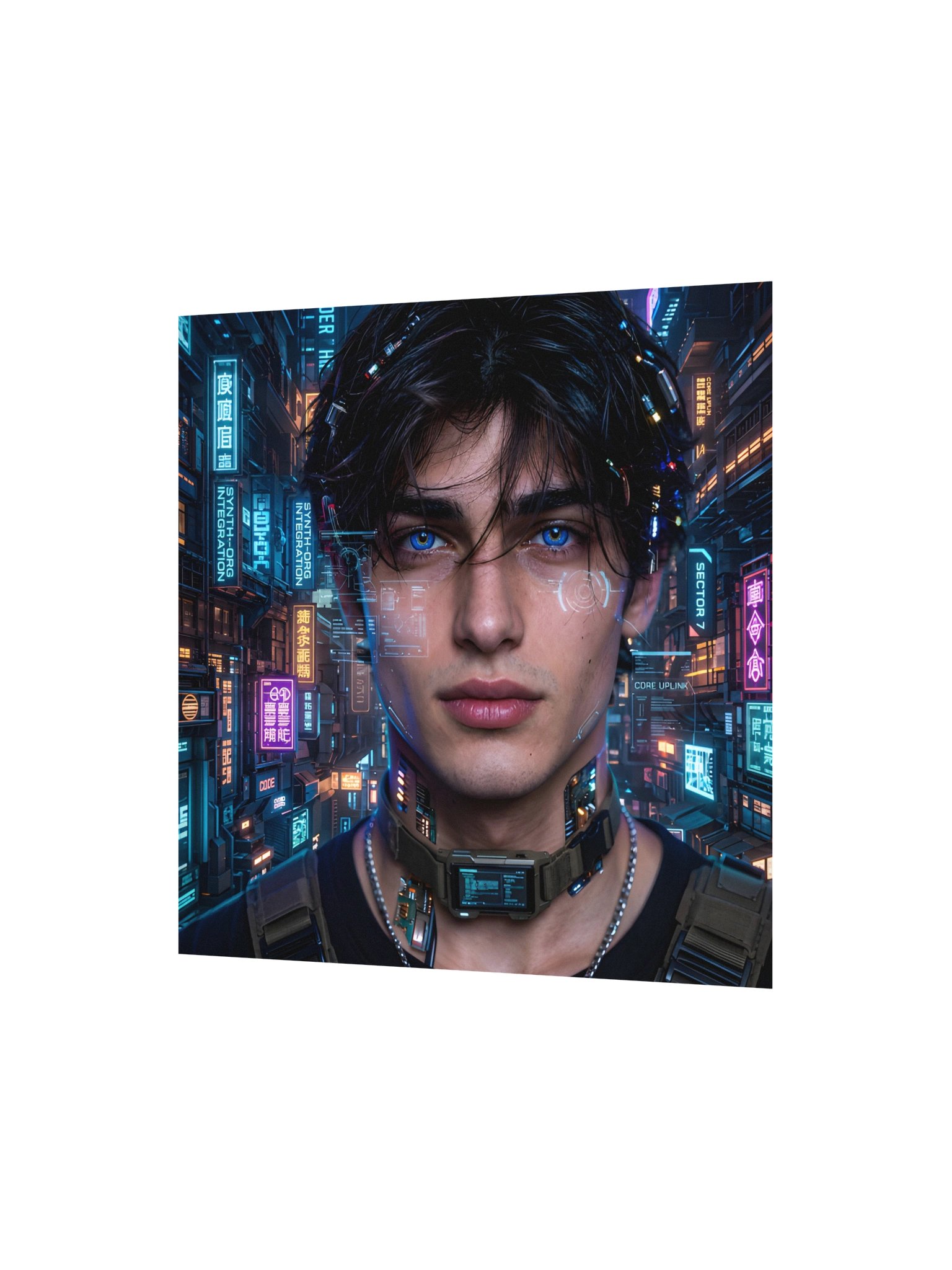 Cyberpunk Neon Man Poster, Futuristic Blue Eyes Sci-Fi Wall Art, Tech Bathroom Decor product image (4)