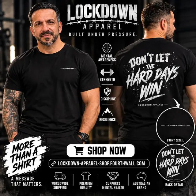 Life gets tough. The battles aren't always visible. But you don't have to face everything alone. Lockdown Apparel stands for strength, resilience and the courage to keep going. 💪 BUILT UNDER PRESSURE. 🖤 WEAR THE MESSAGE. 🔥 START THE CONVERSATION. Your next favourite shirt is waiting. 🛒 SHOP NOW: https://lockdown-apparel-shop.fourthwall.com/en-aud/products/lockdown-apparel-dont-let-the-hard-days-win-t-shirt Follow Lockdown Apparel and share this message with someone who needs it today. #LockdownApparel #DontLetTheHardDaysWin #MentalHealthAwareness #BuiltUnderPressure #australianstreetwear 