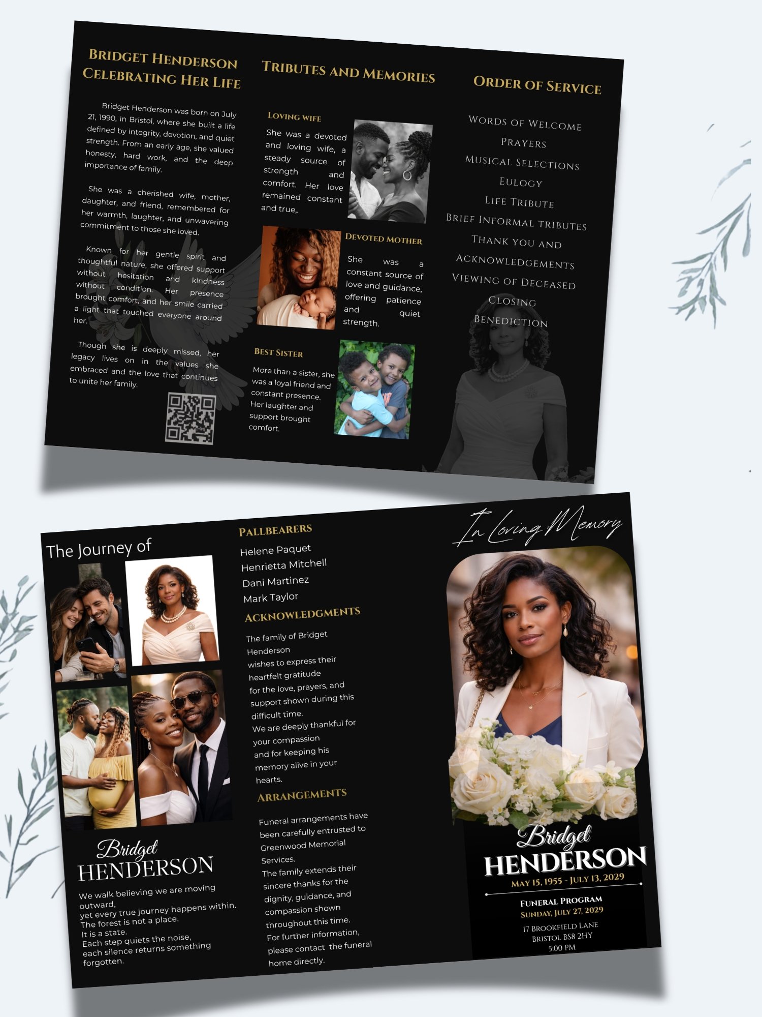 Celebration of Life Trifold for Women | Black & Gold Funeral Program, 6-Page US Letter Canva Template product image (2)