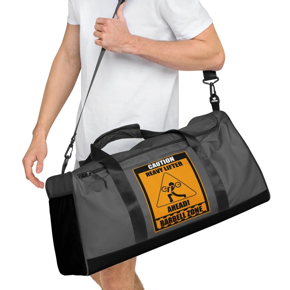 Caution Heavy Lifter Ahead-Barbell Zone Duffle Bag (Dark Gray and Black) product image (8)