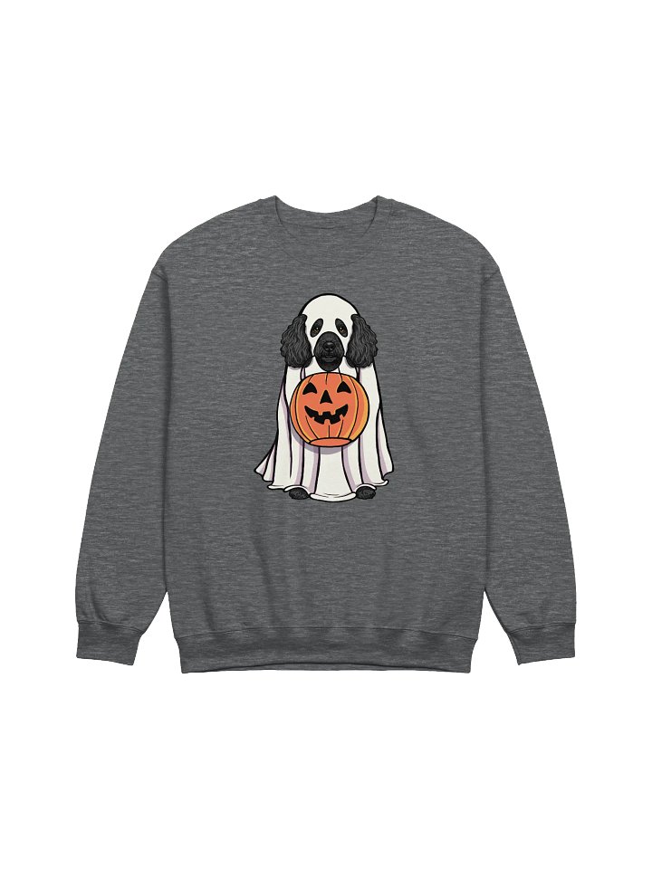 Funny Halloween Mini Poodle(Black) Sweatshirt | Funny Poodle Wearing a Ghost Costume and Holding a Pumpkin Basket product image (1)