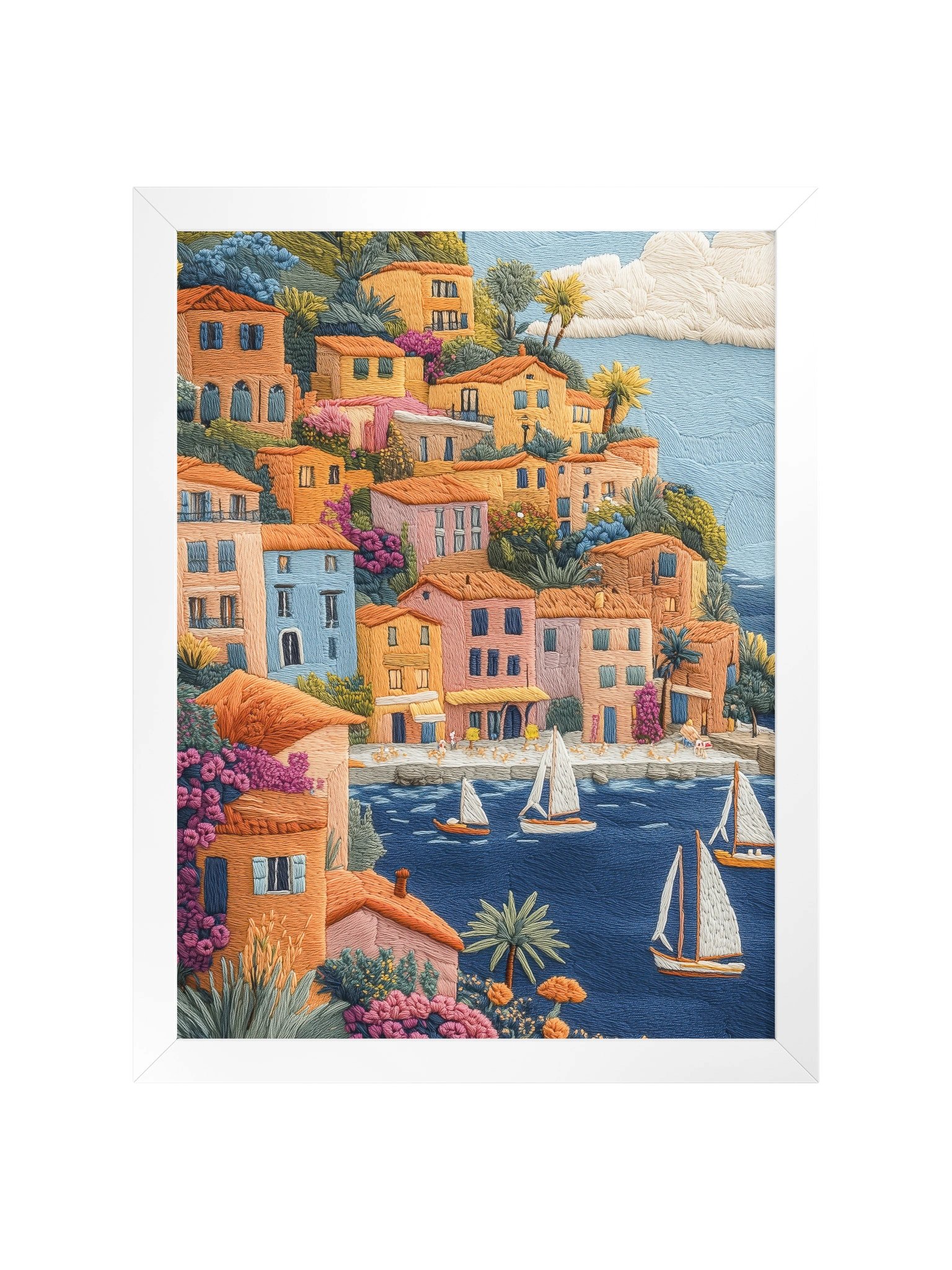 Somewhere on the French Riviera | Embroidery-Style Wall Art — Framed Print product image (17)
