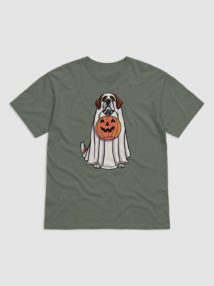 Funny Halloween Saint Bernard T-Shirt | Funny Dog Wearing a Ghost Costume and Holding a Pumpkin Basket product image (1)