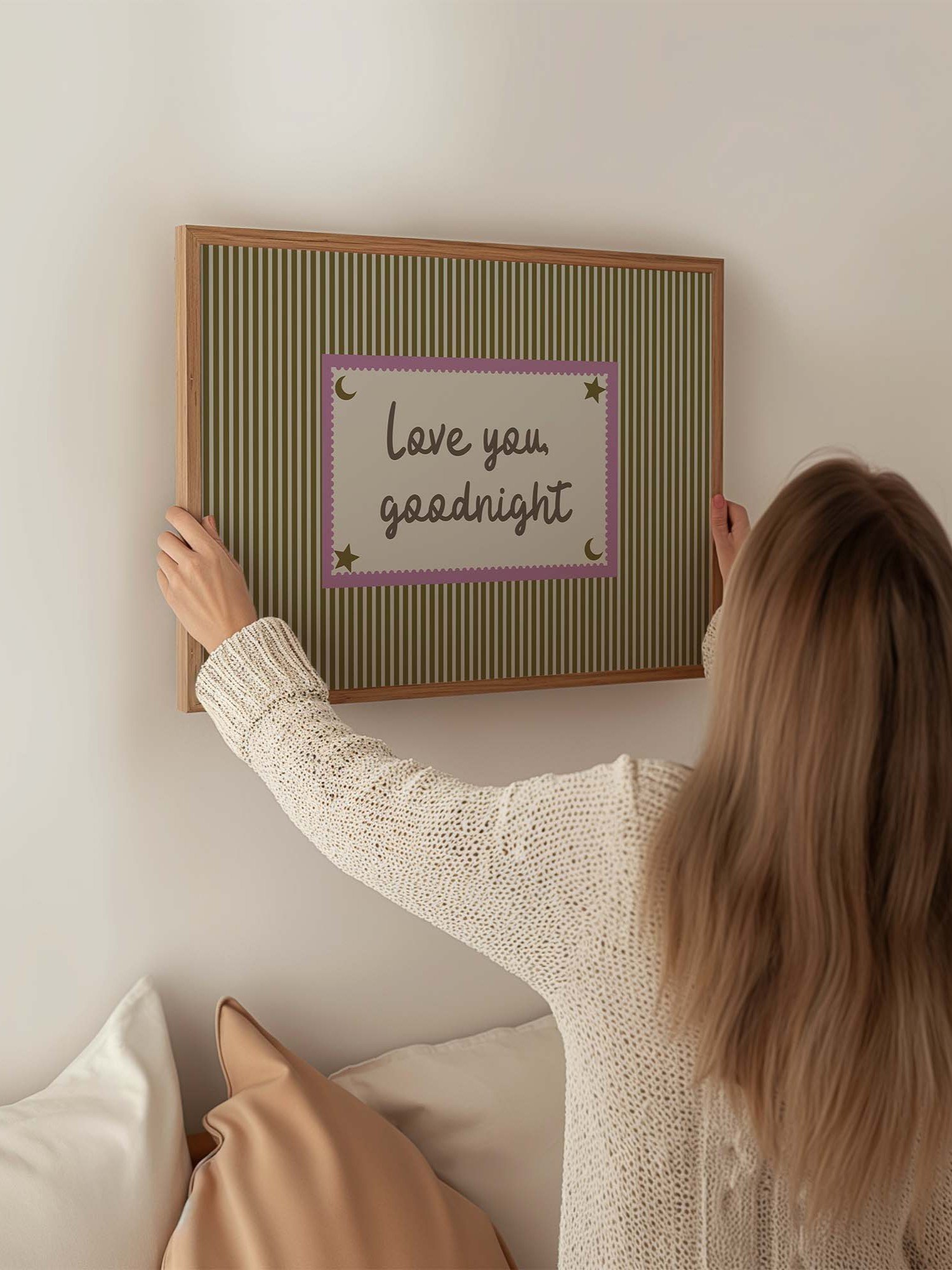Love You Goodnight Print, Retro Striped Moon Star Wall Art, Handwritten Quote, Neutral Nursery Bedroom Decor, Horizontal Digital Download product image (2)