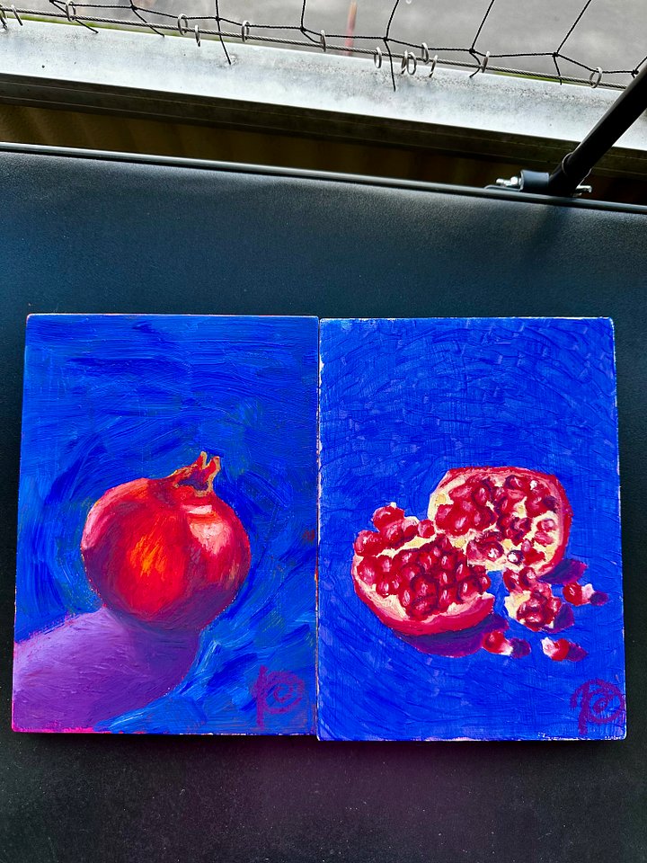 'worth the effort' pomegranate diptych acrylic + oil pastel on wood panel product image (1)