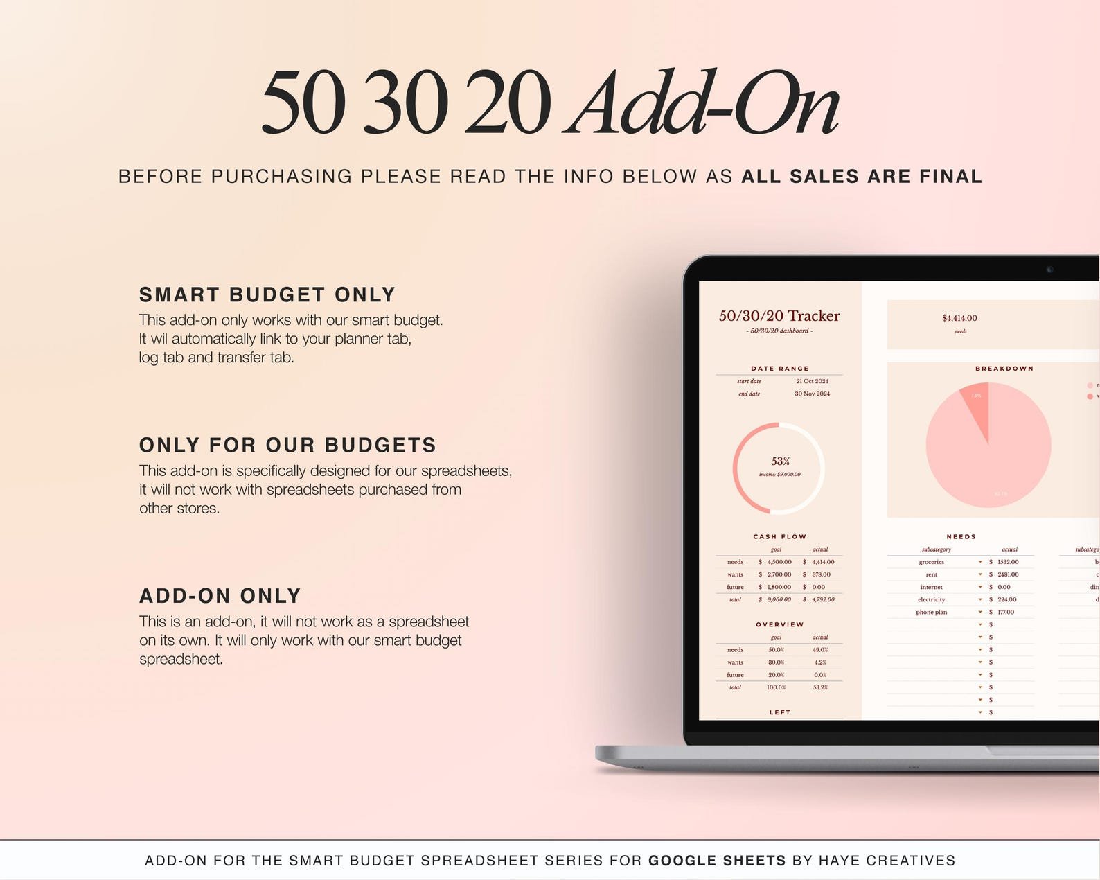 ADD-ON: 50/30/20 Dashboard Add On for Our Smart Budget Spreadsheet product image (2)