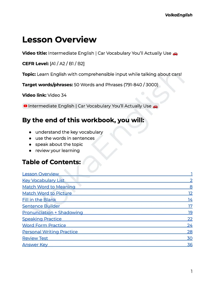 Intermediate English | Car Vocabulary You’ll Actually Use 🚗 - Video 34 Study Pack product image (2)
