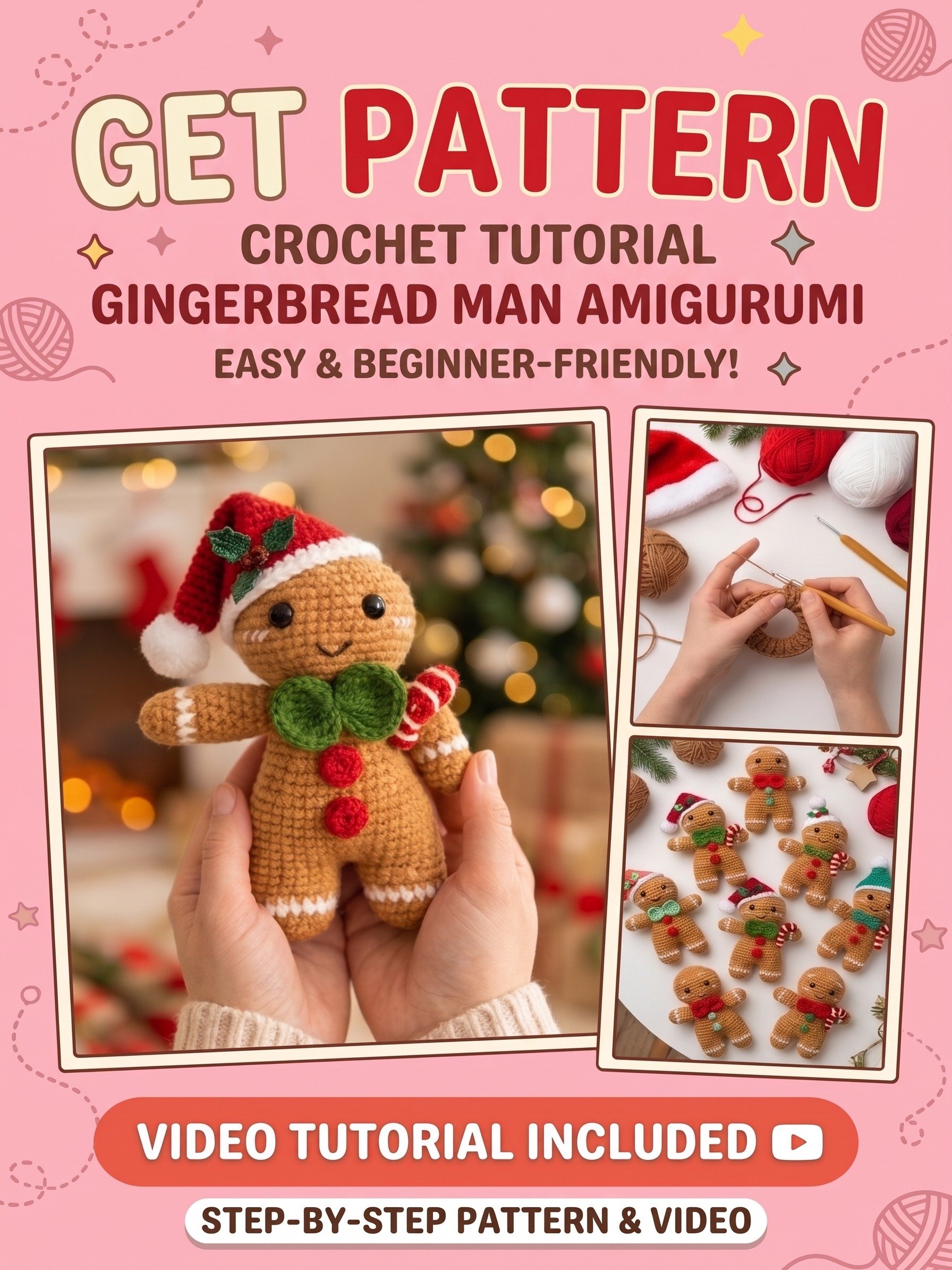 Gingerbread Man Crochet Pattern PDF, Christmas Amigurumi Doll, Santa Hat & Candy Cane, Step-by-Step Photo & Video Tutorial product image (3)