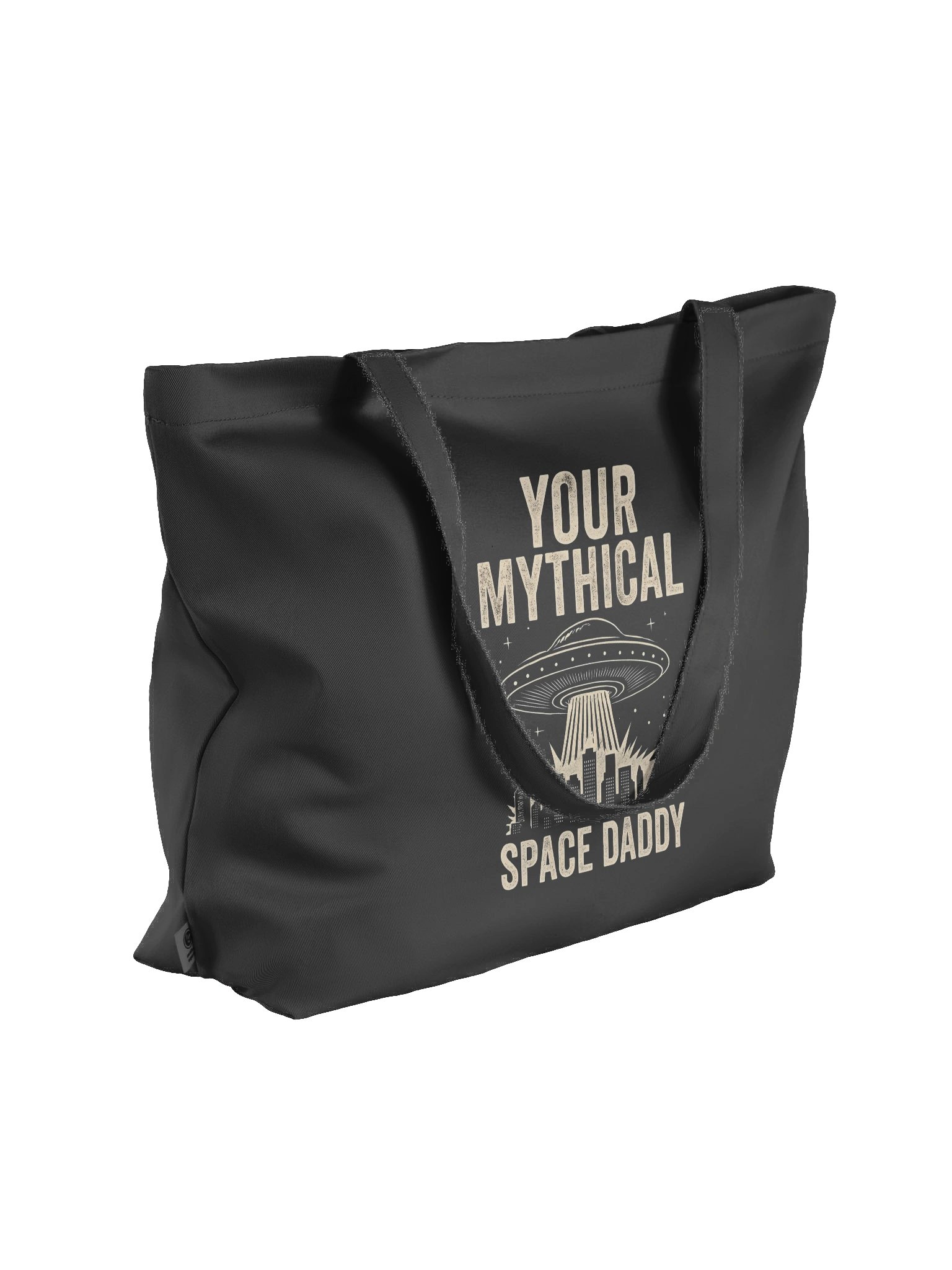 "Your Mythical Space Daddy' Tote Bag – Dark Sci-Fi Cityscape Graphic Organic Cotton Tote Bag | Funny Sarcastic Alien Humor Tote Bag product image (3)