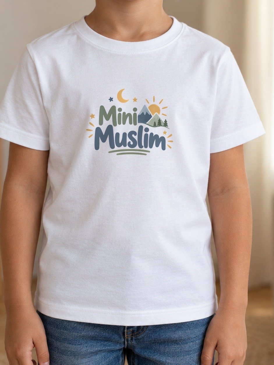 Mini Muslim Printed Unisex Kids T-Shirt | Mountain Adventure Islamic Tee for Boys product image (1)