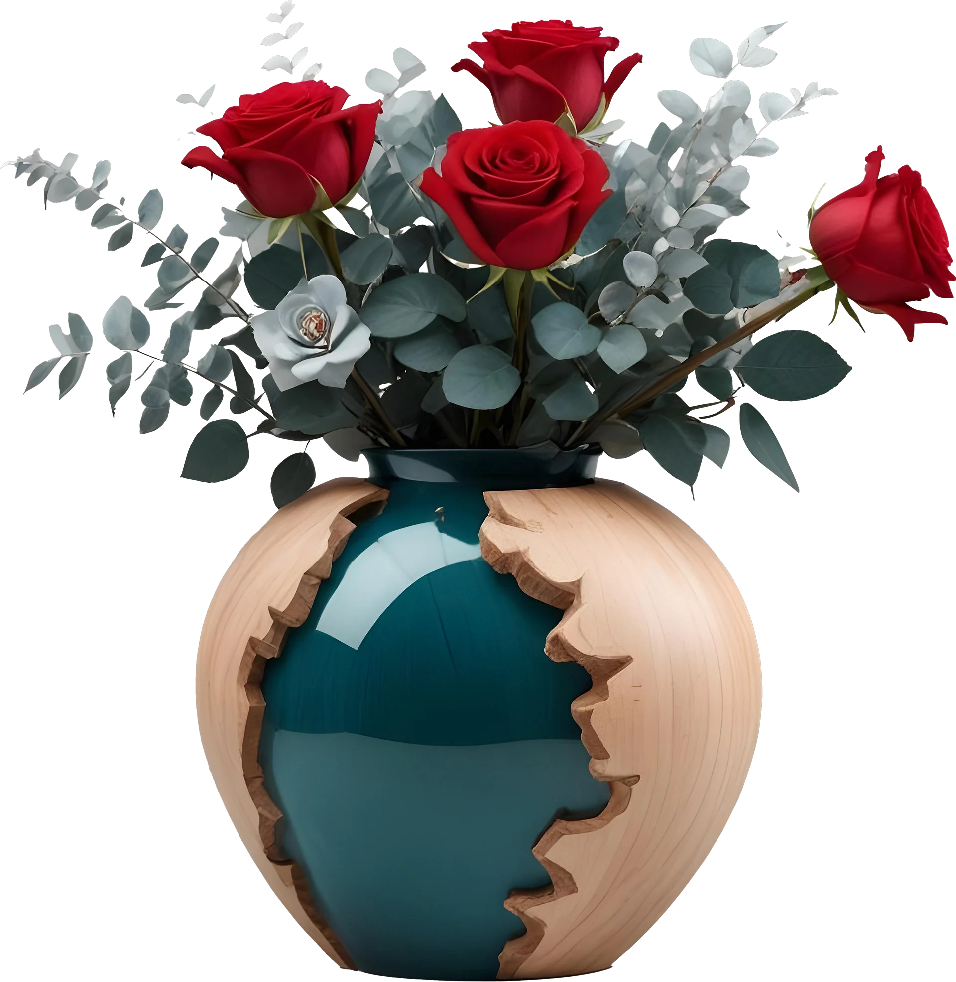 Intricate Carved Wooden Vase with Red and White Roses PNG product image (1)