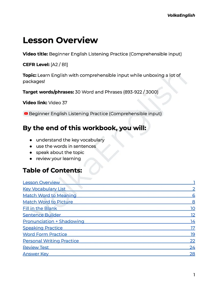 Beginner English Listening Practice (Comprehensible input) - Video 37 Study Pack product image (2)
